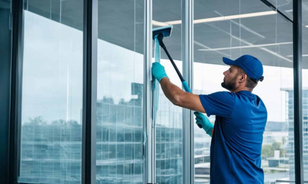 Housekeeper man in blue rubber gloves using a spray and a duster while cleaning on floor at home