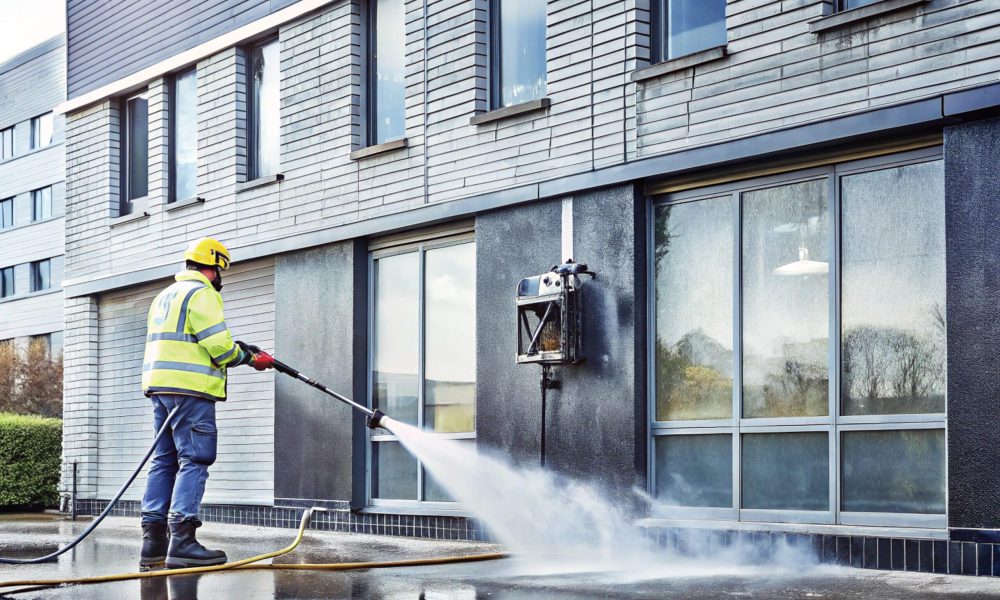 Technician Using Pressure Washer to Clean Building Exterior